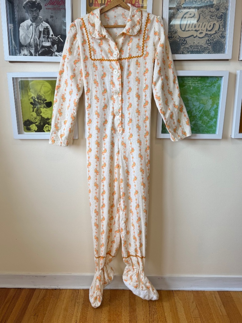 Vintage 70s Floral Flannel Lounge Jumpsuit | Open Back Romper Onesie